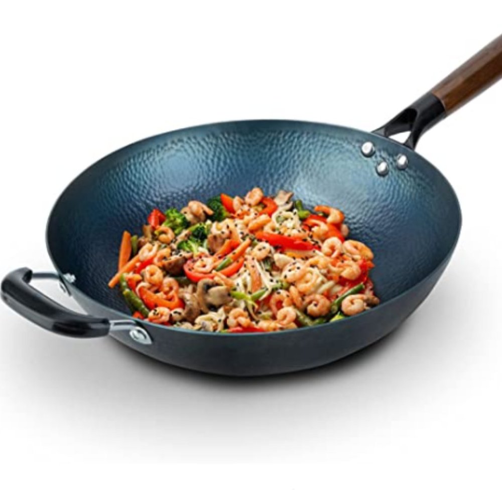 IMARKU: 12.6" Carbon Steel Wok - Hammered & Round Bottom w/ Chinese Trad Craft